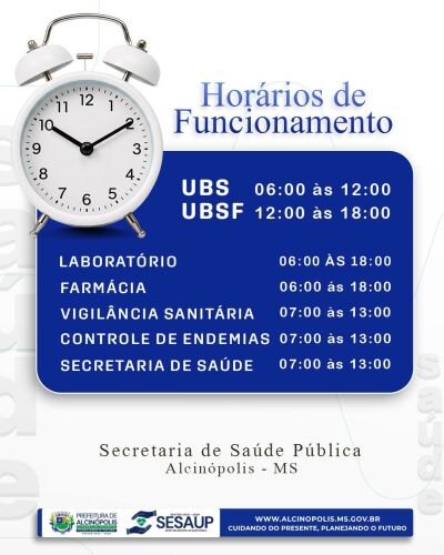 Imagem da notícia Novos horários de atendimento da saúde pública para a população é divulgado pela Prefeitura de Alcinópolis